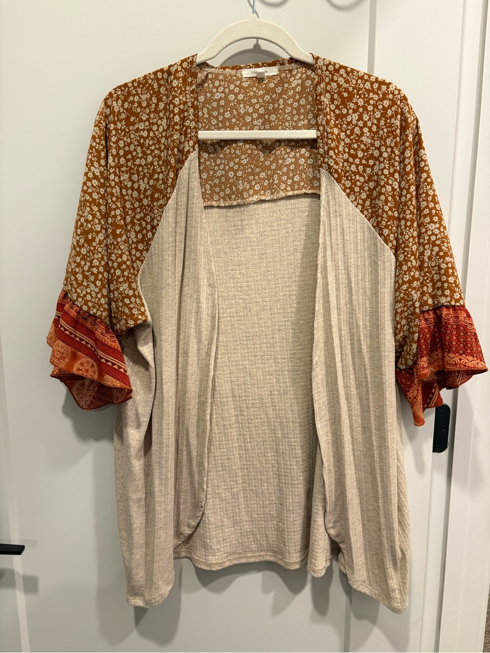 Maurices Cream Open-Front Kimono with Rust Floral Sleeves